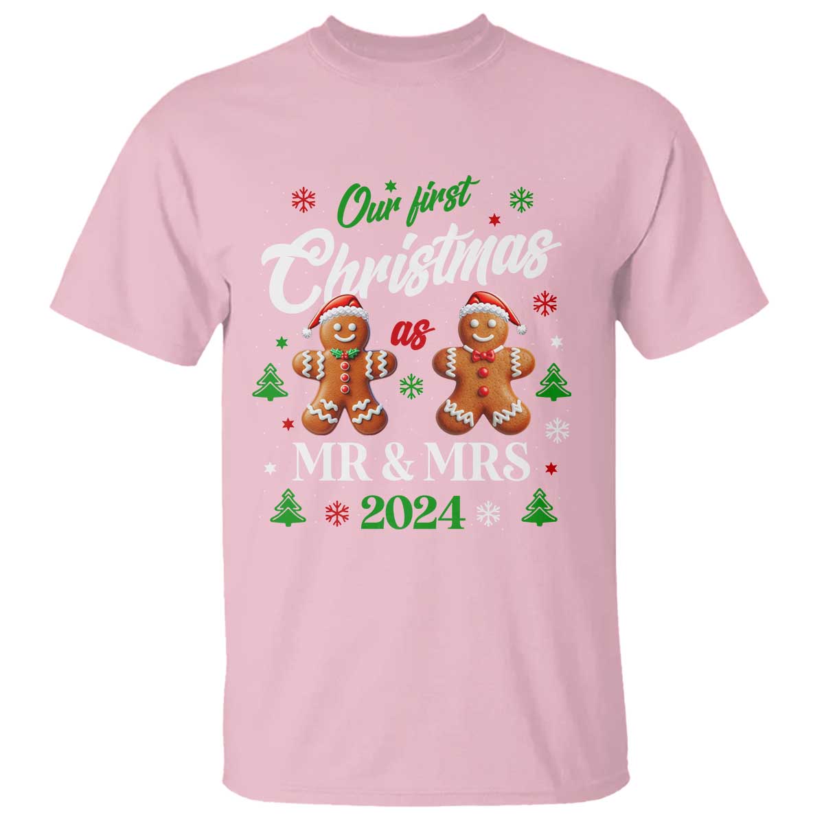 Our First Christmas As Mr Mrs 2024 T Shirt Cute Gingerbread Couple TS09 Light Pink Print Your Wear