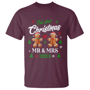 Our First Christmas As Mr Mrs 2024 T Shirt Cute Gingerbread Couple TS09 Maroon Print Your Wear
