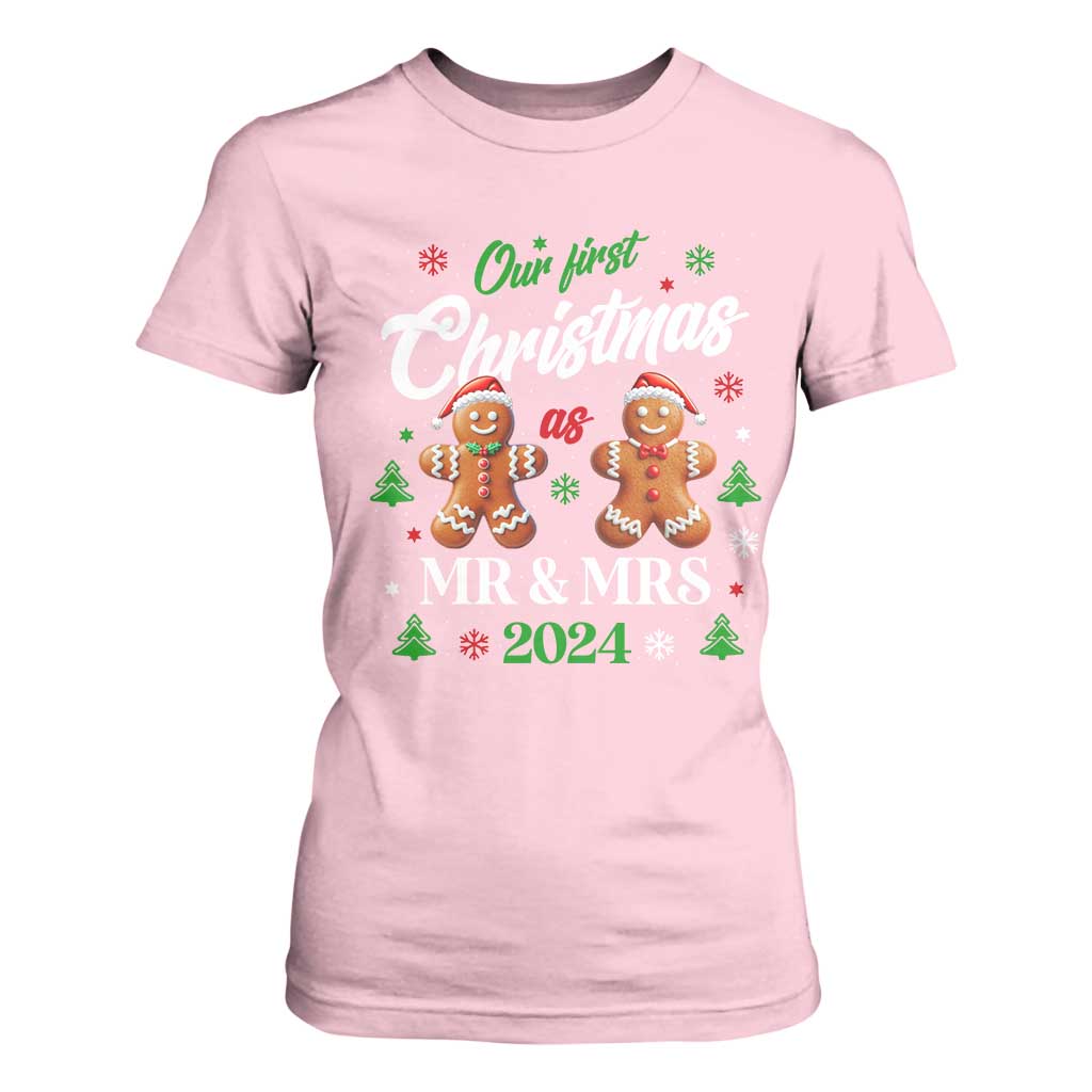 Our First Christmas As Mr Mrs 2024 T Shirt For Women Cute Gingerbread Couple TS09 Light Pink Print Your Wear