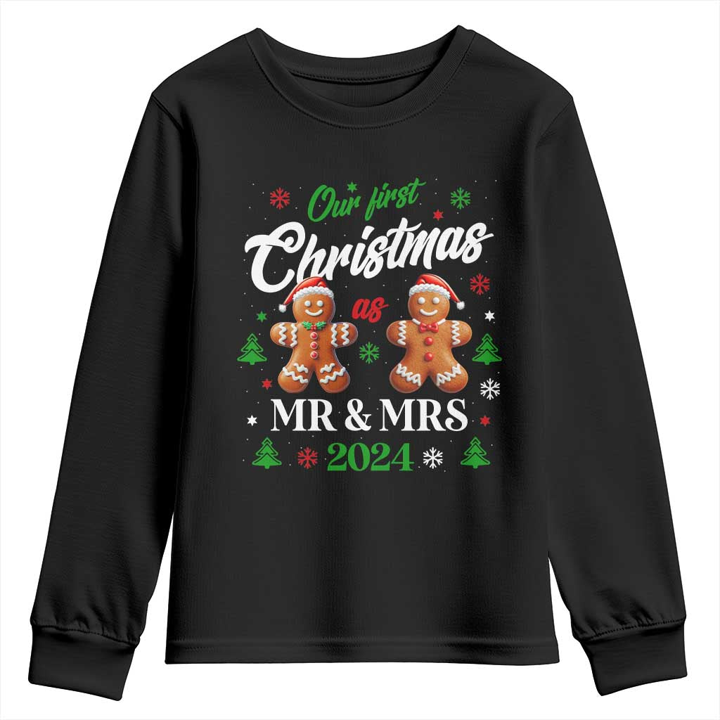 Our First Christmas As Mr Mrs 2024 Youth Sweatshirt Cute Gingerbread Couple TS09 Black Print Your Wear