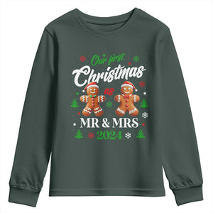 Our First Christmas As Mr Mrs 2024 Youth Sweatshirt Cute Gingerbread Couple TS09 Dark Forest Green Print Your Wear