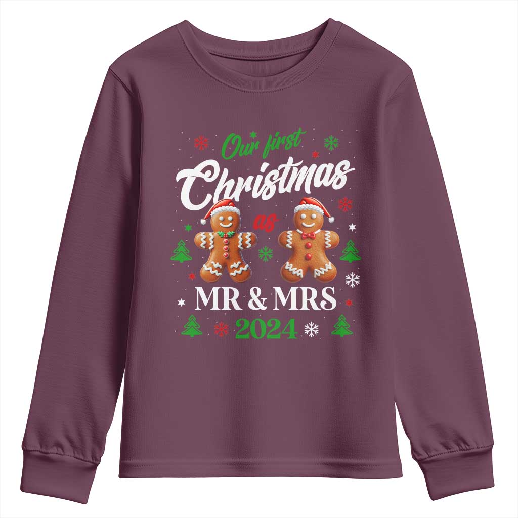 Our First Christmas As Mr Mrs 2024 Youth Sweatshirt Cute Gingerbread Couple TS09 Maroon Print Your Wear