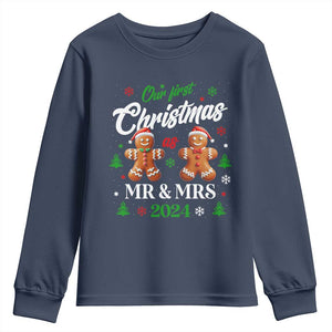 Our First Christmas As Mr Mrs 2024 Youth Sweatshirt Cute Gingerbread Couple TS09 Navy Print Your Wear