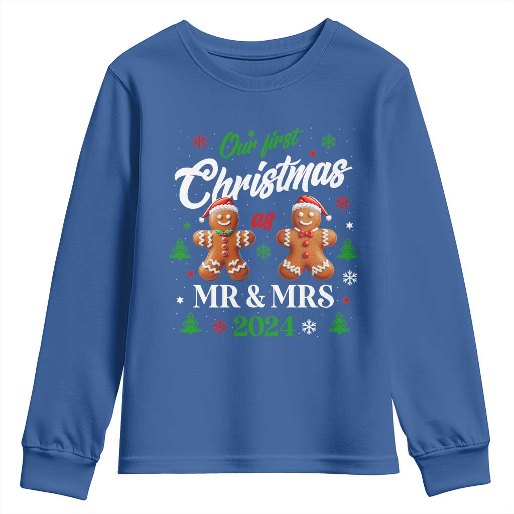 Our First Christmas As Mr Mrs 2024 Youth Sweatshirt Cute Gingerbread Couple TS09 Royal Blue Print Your Wear
