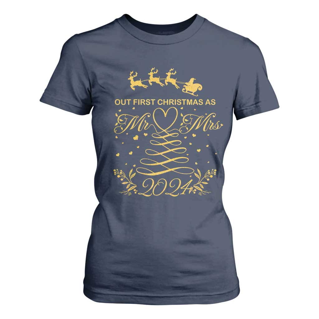 Our First Christmas As Mr Mrs 2024 Matching Couple T Shirt For Women TS09 Navy Print Your Wear