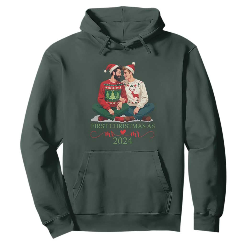 Our First Christmas As Mr Mr 2024 Hoodie LGBT Gay Couple Xmas TS09 Dark Forest Green Print Your Wear