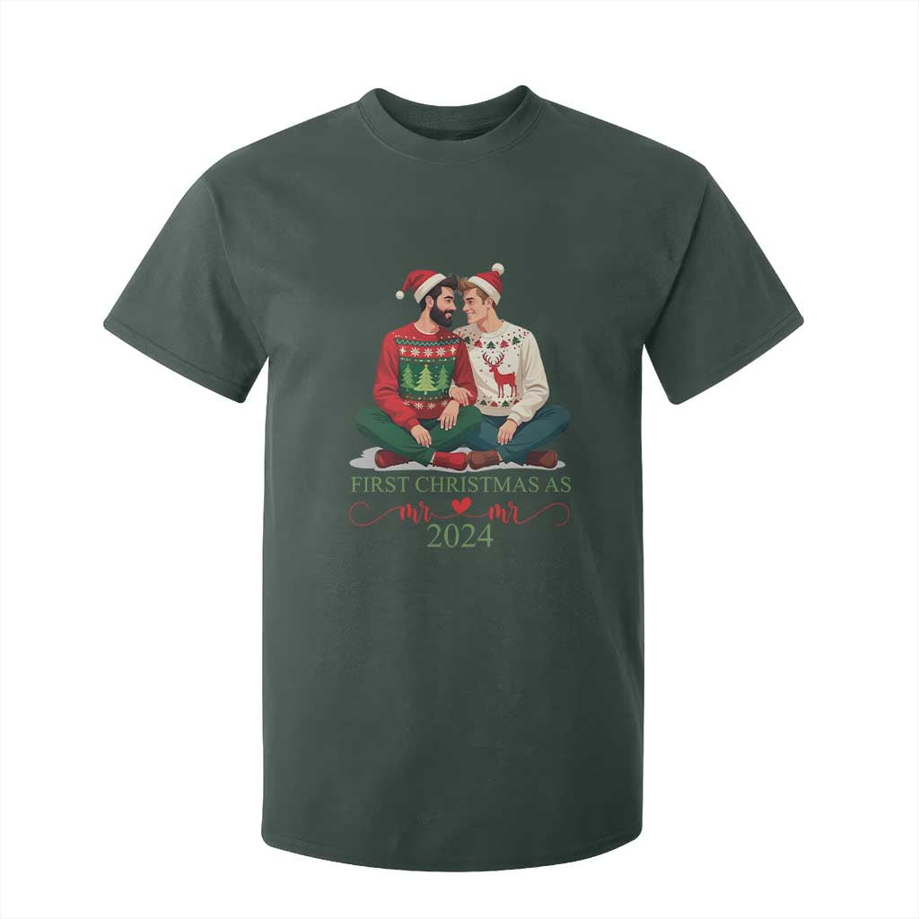 Our First Christmas As Mr Mr 2024 T Shirt For Kid LGBT Gay Couple Xmas TS09 Dark Forest Green Print Your Wear