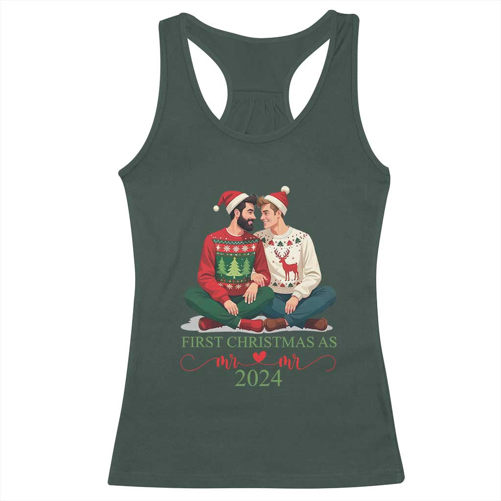 Our First Christmas As Mr Mr 2024 Racerback Tank Top LGBT Gay Couple Xmas TS09 Dark Forest Green Print Your Wear