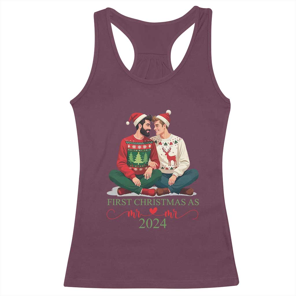 Our First Christmas As Mr Mr 2024 Racerback Tank Top LGBT Gay Couple Xmas TS09 Maroon Print Your Wear