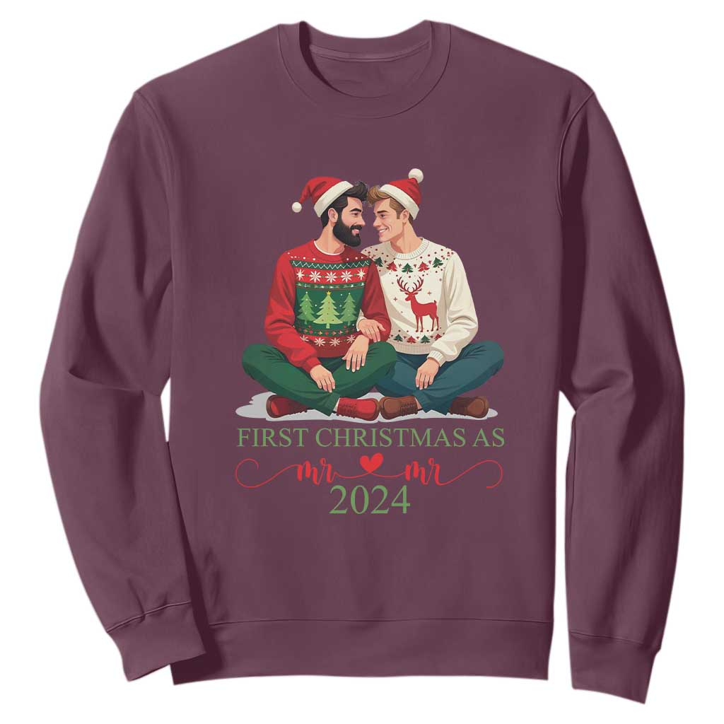 Our First Christmas As Mr Mr 2024 Sweatshirt LGBT Gay Couple Xmas TS09 Maroon Print Your Wear