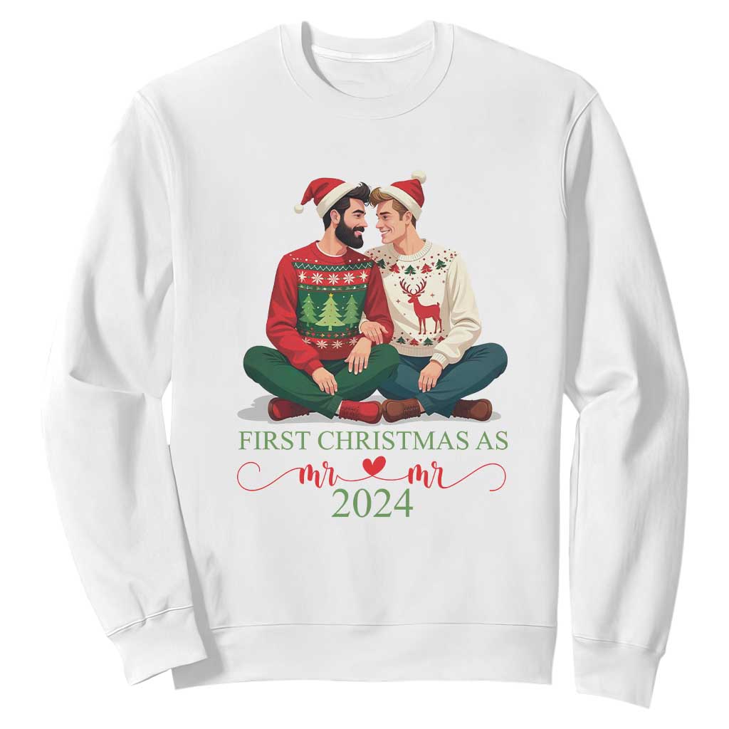 Our First Christmas As Mr Mr 2024 Sweatshirt LGBT Gay Couple Xmas TS09 White Print Your Wear