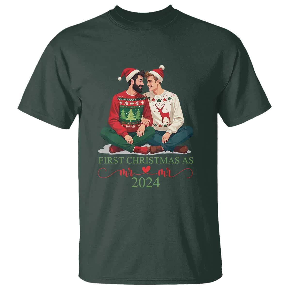 Our First Christmas As Mr Mr 2024 T Shirt LGBT Gay Couple Xmas TS09 Dark Forest Green Print Your Wear