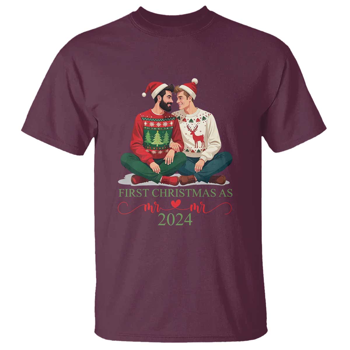 Our First Christmas As Mr Mr 2024 T Shirt LGBT Gay Couple Xmas TS09 Maroon Print Your Wear