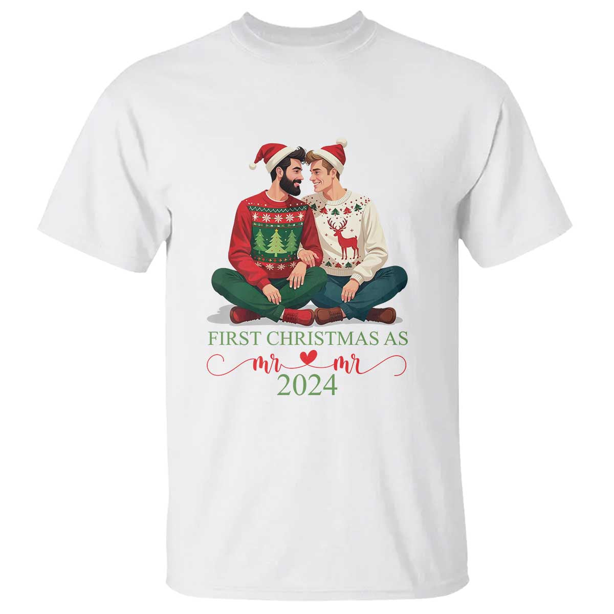Our First Christmas As Mr Mr 2024 Couple Matching T Shirt LGBT Gay Couple Xmas TS09 White Print Your Wear