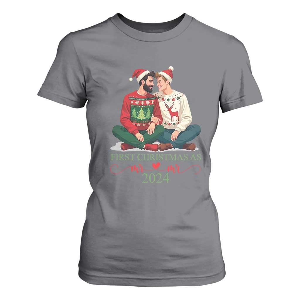 Our First Christmas As Mr Mr 2024 T Shirt For Women LGBT Gay Couple Xmas TS09 Charcoal Print Your Wear