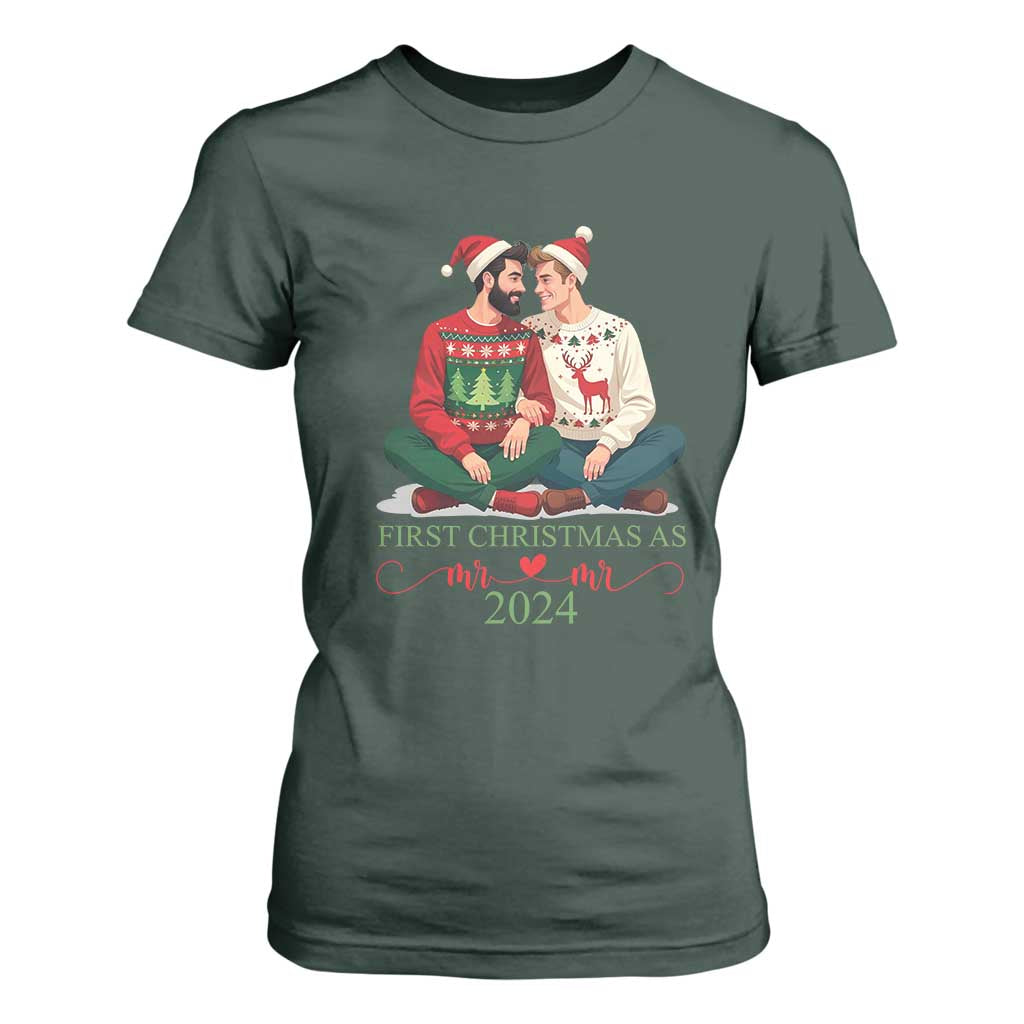 Our First Christmas As Mr Mr 2024 T Shirt For Women LGBT Gay Couple Xmas TS09 Dark Forest Green Print Your Wear