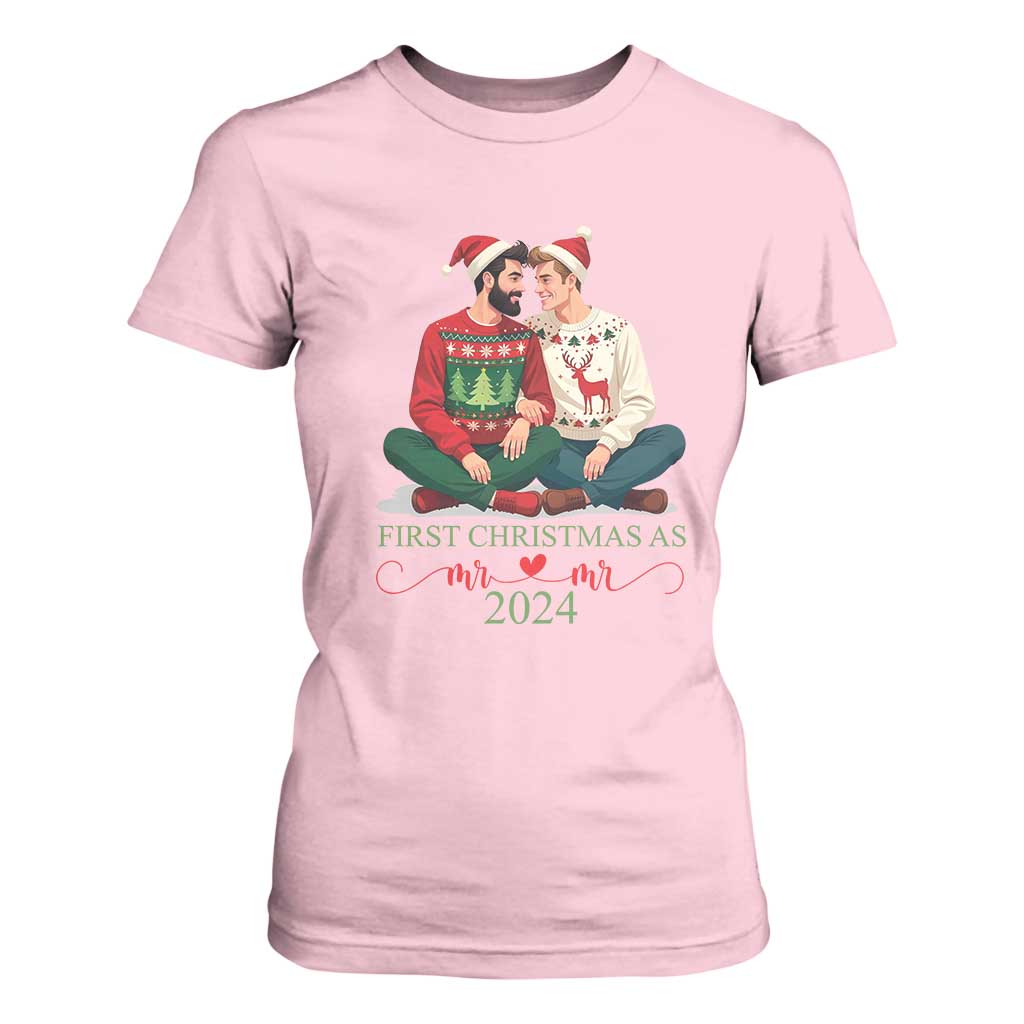 Our First Christmas As Mr Mr 2024 T Shirt For Women LGBT Gay Couple Xmas TS09 Light Pink Print Your Wear