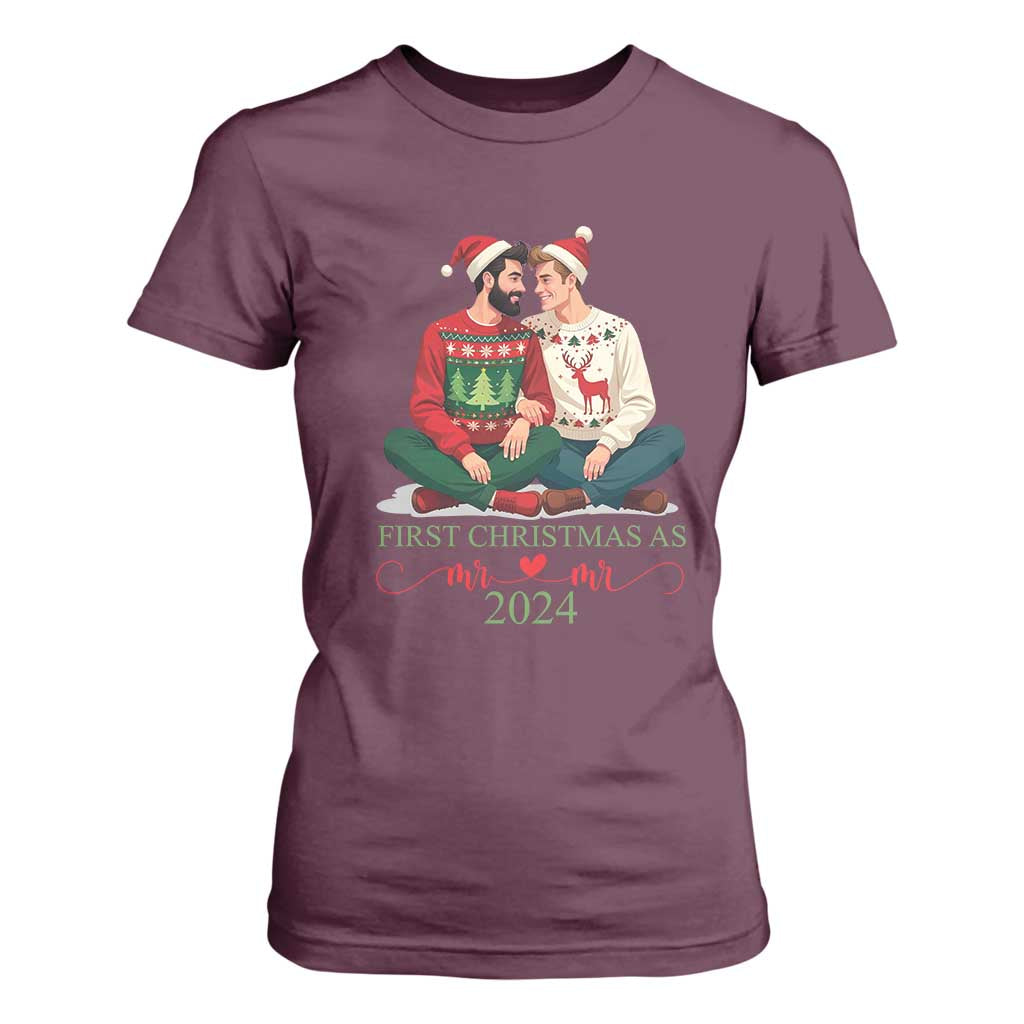 Our First Christmas As Mr Mr 2024 T Shirt For Women LGBT Gay Couple Xmas TS09 Maroon Print Your Wear