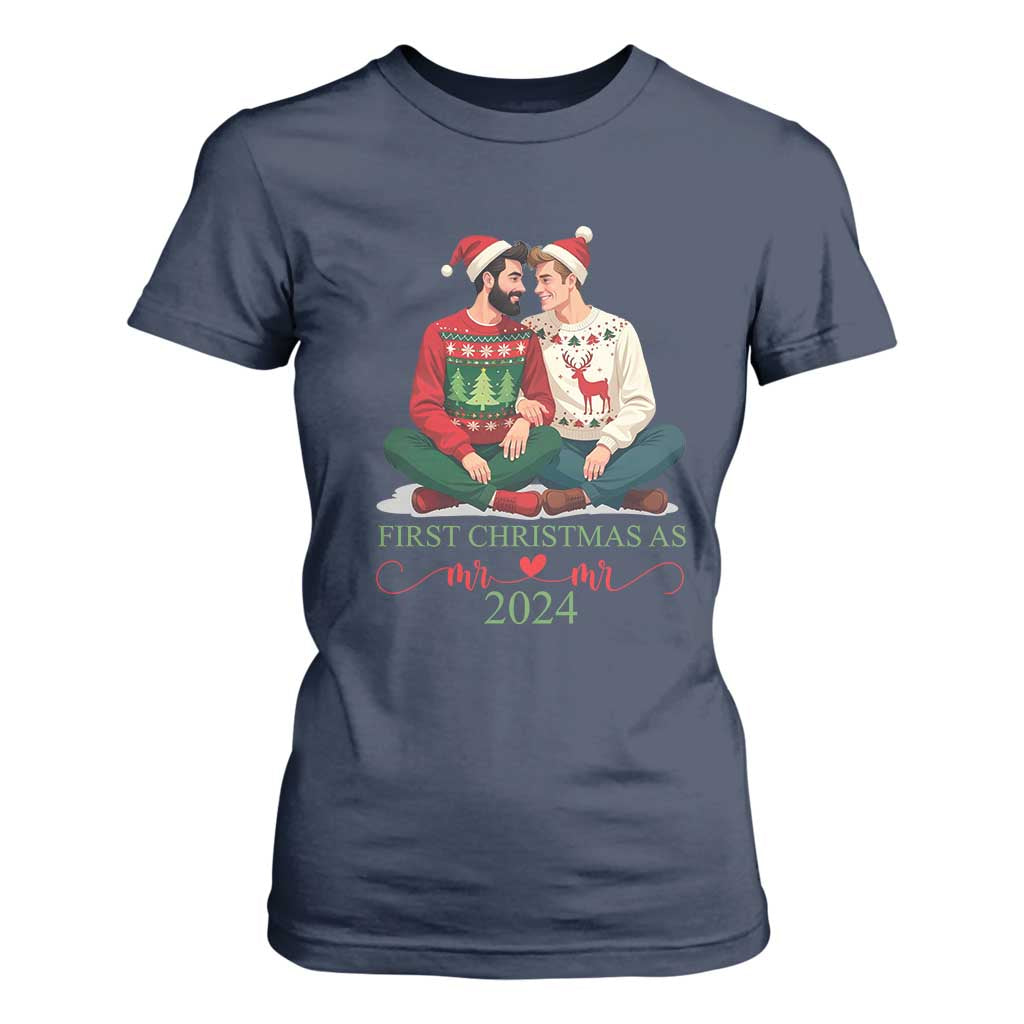 Our First Christmas As Mr Mr 2024 T Shirt For Women LGBT Gay Couple Xmas TS09 Navy Print Your Wear