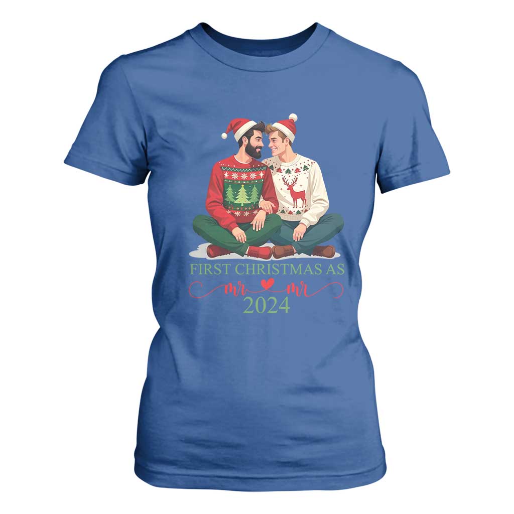 Our First Christmas As Mr Mr 2024 T Shirt For Women LGBT Gay Couple Xmas TS09 Royal Blue Print Your Wear