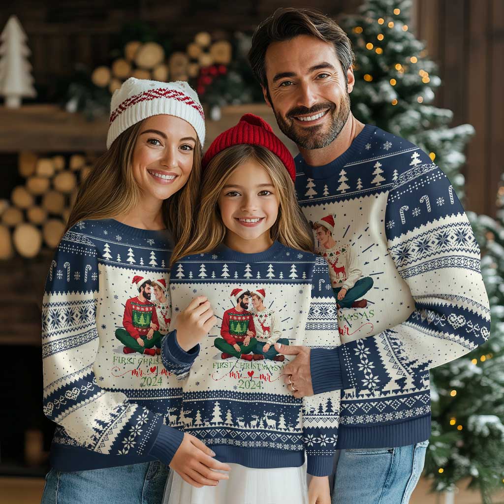 Our First Christmas As Mr Mr 2024 Ugly Christmas Sweater LGBT Gay Couple Xmas TS09 Navy Print Your Wear