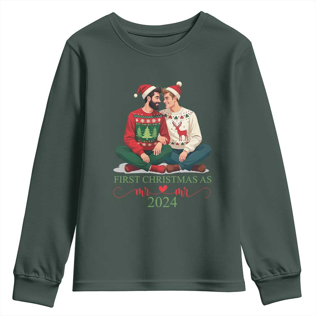 Our First Christmas As Mr Mr 2024 Youth Sweatshirt LGBT Gay Couple Xmas TS09 Dark Forest Green Print Your Wear