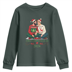 Our First Christmas As Mr Mr 2024 Youth Sweatshirt LGBT Gay Couple Xmas TS09 Dark Forest Green Print Your Wear