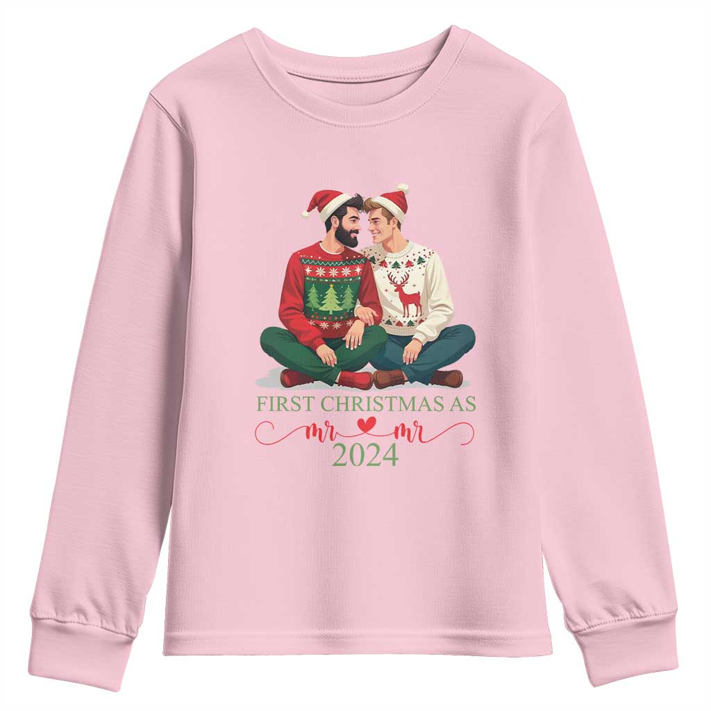 Our First Christmas As Mr Mr 2024 Youth Sweatshirt LGBT Gay Couple Xmas TS09 Light Pink Print Your Wear
