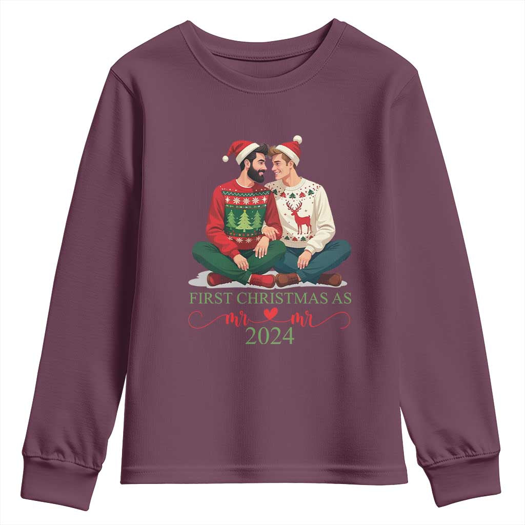 Our First Christmas As Mr Mr 2024 Youth Sweatshirt LGBT Gay Couple Xmas TS09 Maroon Print Your Wear