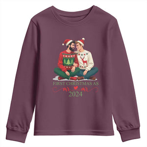 Our First Christmas As Mr Mr 2024 Youth Sweatshirt LGBT Gay Couple Xmas TS09 Maroon Print Your Wear