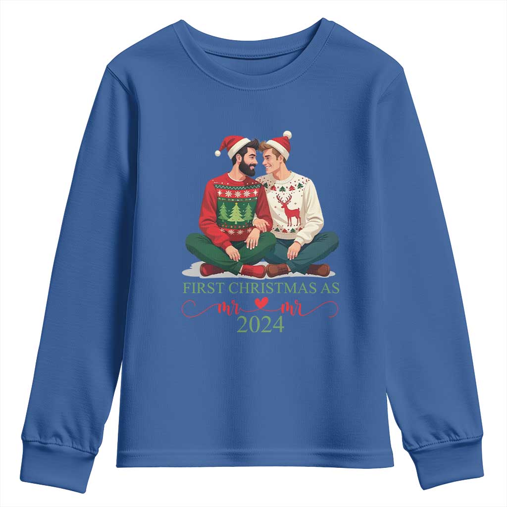 Our First Christmas As Mr Mr 2024 Youth Sweatshirt LGBT Gay Couple Xmas TS09 Royal Blue Print Your Wear