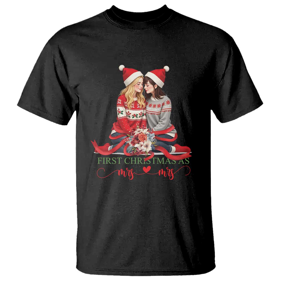 Our First Christmas As Mrs Mrs T Shirt LGBT Les Couple Xmas TS09 Black Print Your Wear
