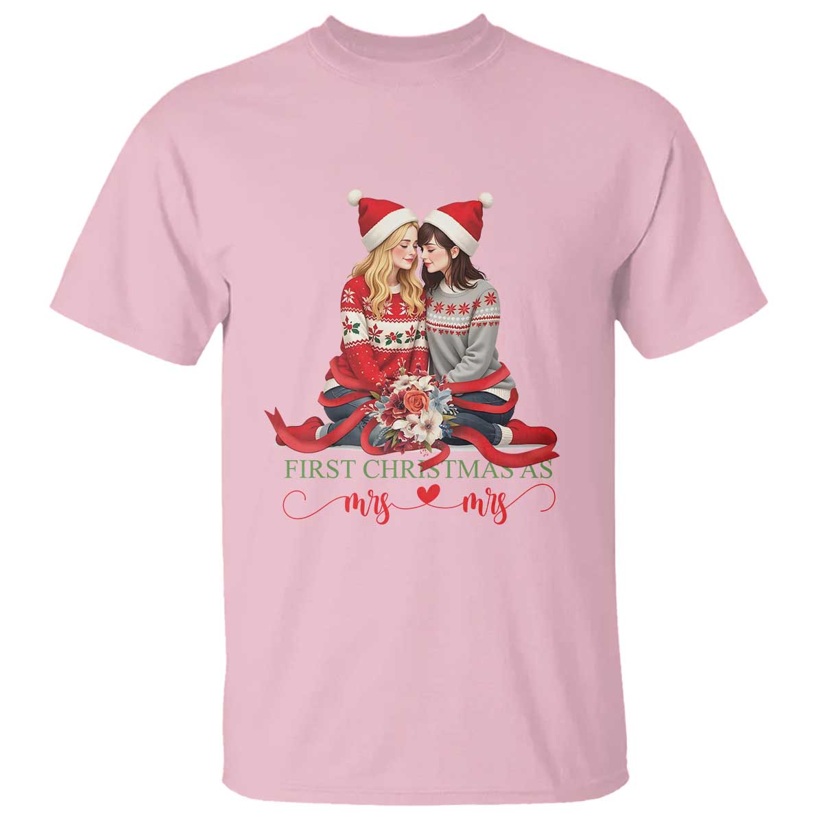 Our First Christmas As Mrs Mrs T Shirt LGBT Les Couple Xmas TS09 Light Pink Print Your Wear