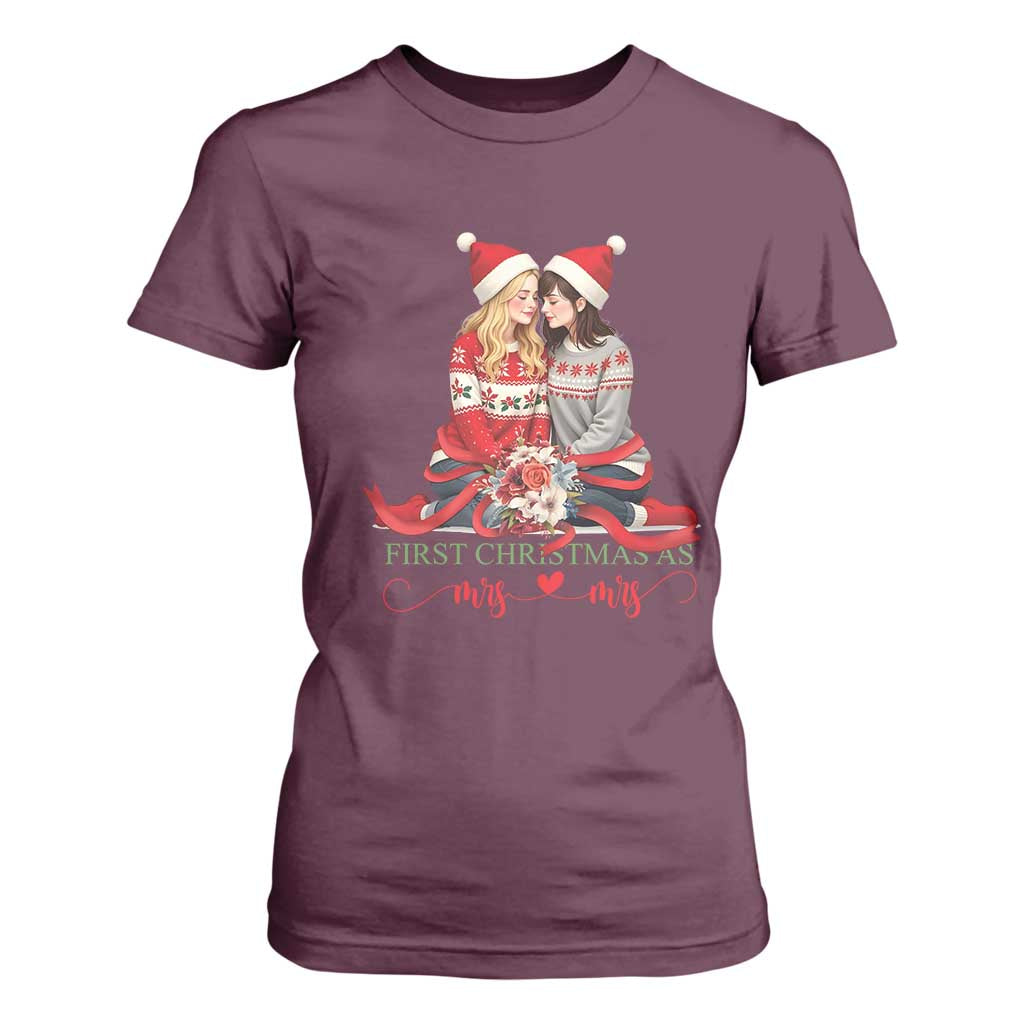 Our First Christmas As Mrs Mrs T Shirt For Women LGBT Les Couple Xmas TS09 Maroon Print Your Wear