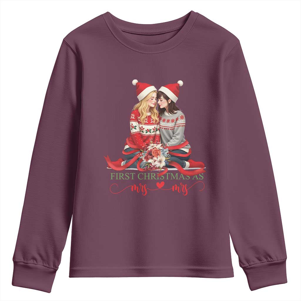 Our First Christmas As Mrs Mrs Youth Sweatshirt LGBT Les Couple Xmas TS09 Maroon Print Your Wear