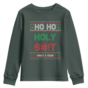 Funny Christmas Youth Sweatshirt Ho Ho Holy S#!t What A Year - PrintYourWear Size: S Color: Dark Forest Green