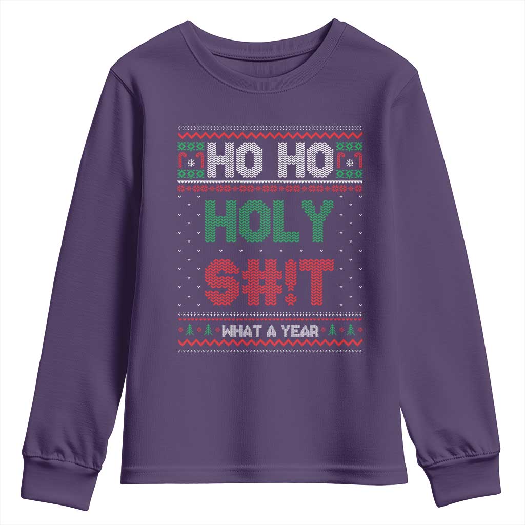 Funny Christmas Youth Sweatshirt Ho Ho Holy S#!t What A Year - PrintYourWear Size: S Color: Purple