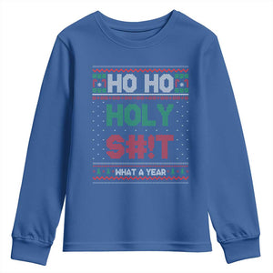Funny Christmas Youth Sweatshirt Ho Ho Holy S#!t What A Year - PrintYourWear Size: S Color: Royal Blue
