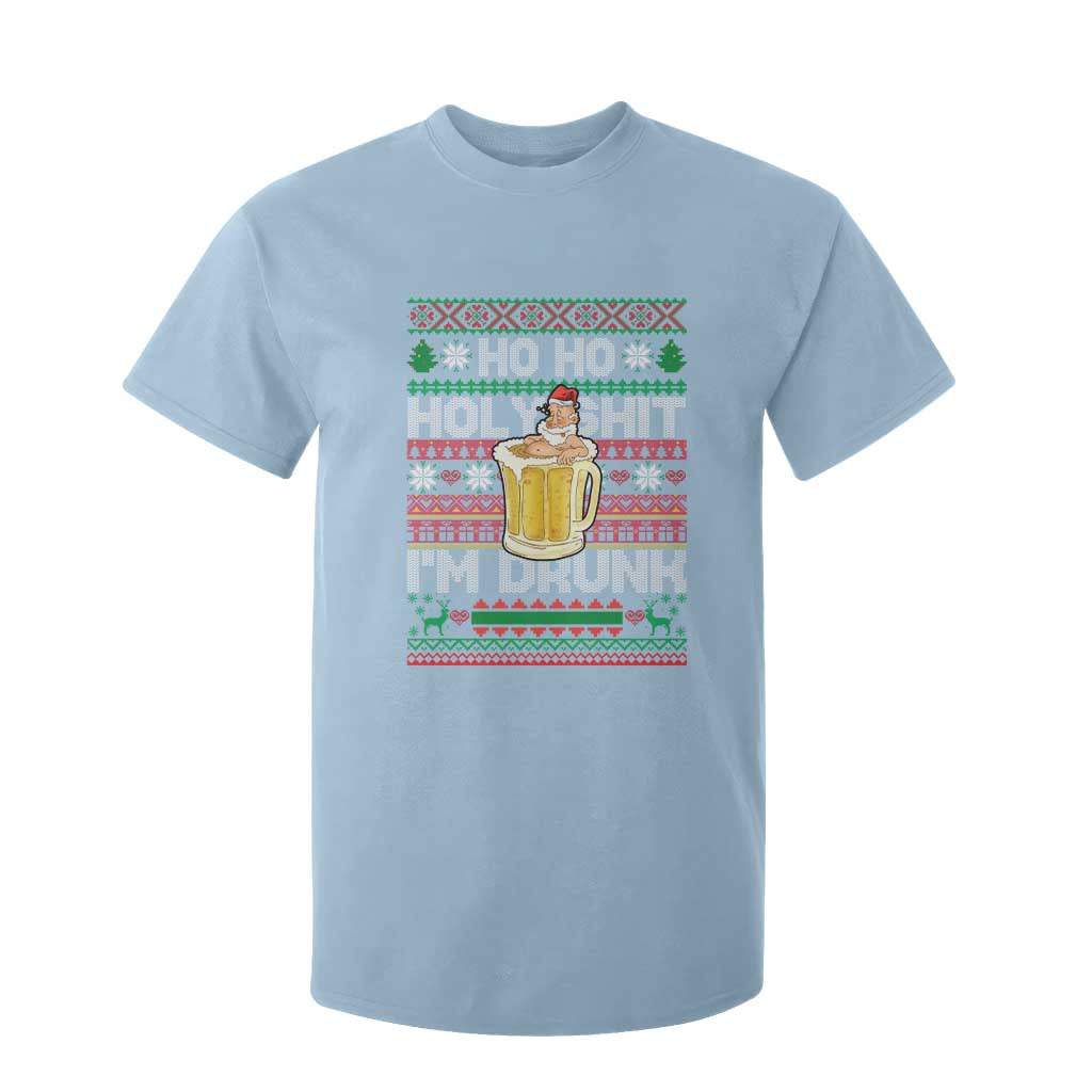 Funny Christmas T Shirt For Kid Ho Ho Holy Shit I'm Drunk Santa Drinking Beer TS09 Light Blue Print Your Wear