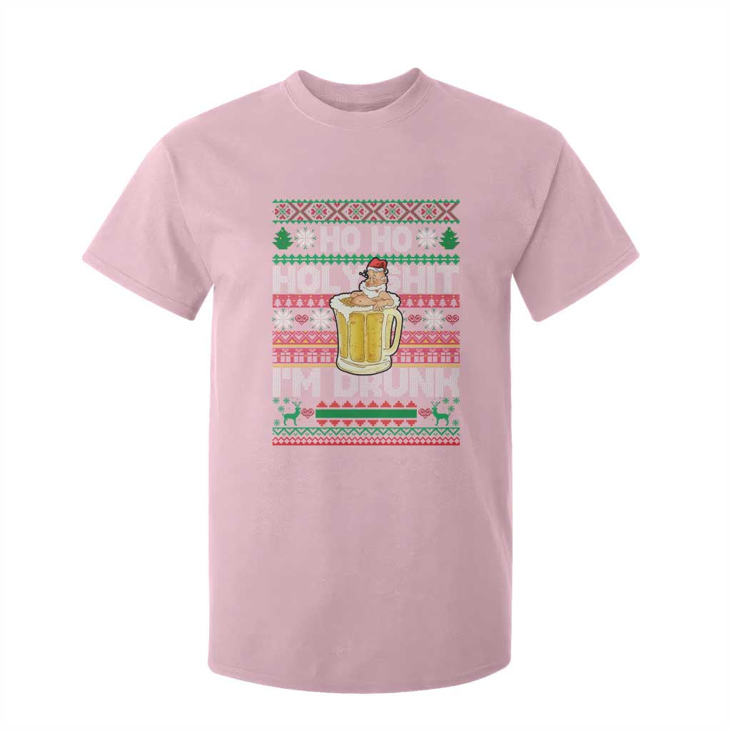 Funny Christmas T Shirt For Kid Ho Ho Holy Shit I'm Drunk Santa Drinking Beer TS09 Light Pink Print Your Wear
