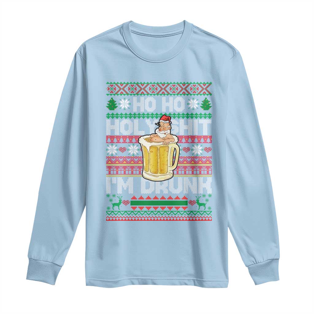 Funny Christmas Long Sleeve Shirt Ho Ho Holy Shit I'm Drunk Santa Drinking Beer TS09 Light Blue Print Your Wear
