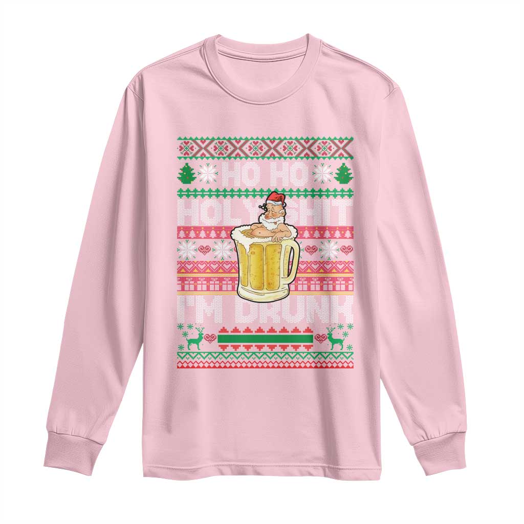 Funny Christmas Long Sleeve Shirt Ho Ho Holy Shit I'm Drunk Santa Drinking Beer TS09 Light Pink Print Your Wear
