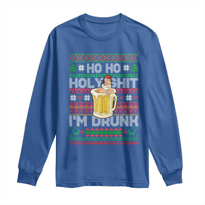 Funny Christmas Long Sleeve Shirt Ho Ho Holy Shit I'm Drunk Santa Drinking Beer TS09 Royal Blue Print Your Wear