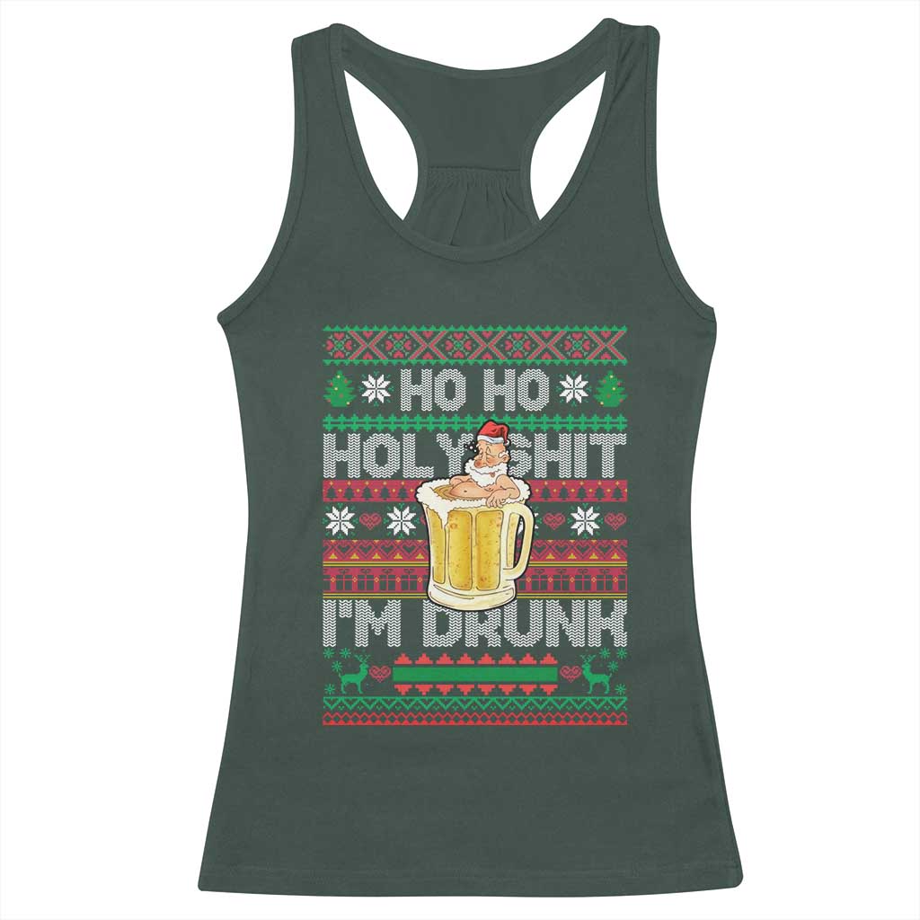 Funny Christmas Racerback Tank Top Ho Ho Holy Shit I'm Drunk Santa Drinking Beer TS09 Dark Forest Green Print Your Wear