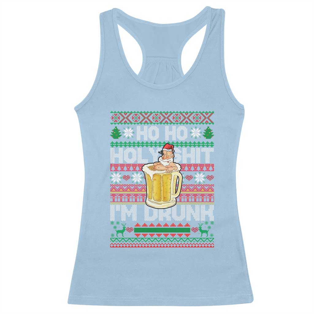 Funny Christmas Racerback Tank Top Ho Ho Holy Shit I'm Drunk Santa Drinking Beer TS09 Light Blue Print Your Wear
