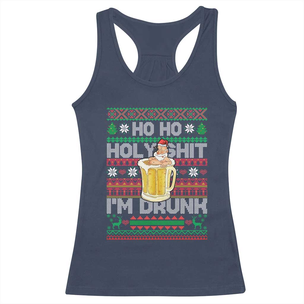 Funny Christmas Racerback Tank Top Ho Ho Holy Shit I'm Drunk Santa Drinking Beer TS09 Navy Print Your Wear