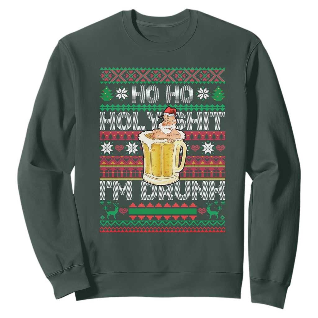 Funny Christmas Sweatshirt Ho Ho Holy Shit I'm Drunk Santa Drinking Beer TS09 Dark Forest Green Print Your Wear