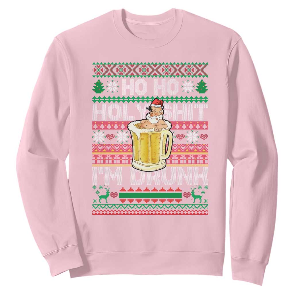 Funny Christmas Sweatshirt Ho Ho Holy Shit I'm Drunk Santa Drinking Beer TS09 Light Pink Print Your Wear