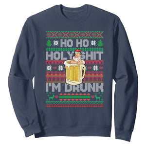 Funny Christmas Sweatshirt Ho Ho Holy Shit I'm Drunk Santa Drinking Beer TS09 Navy Print Your Wear