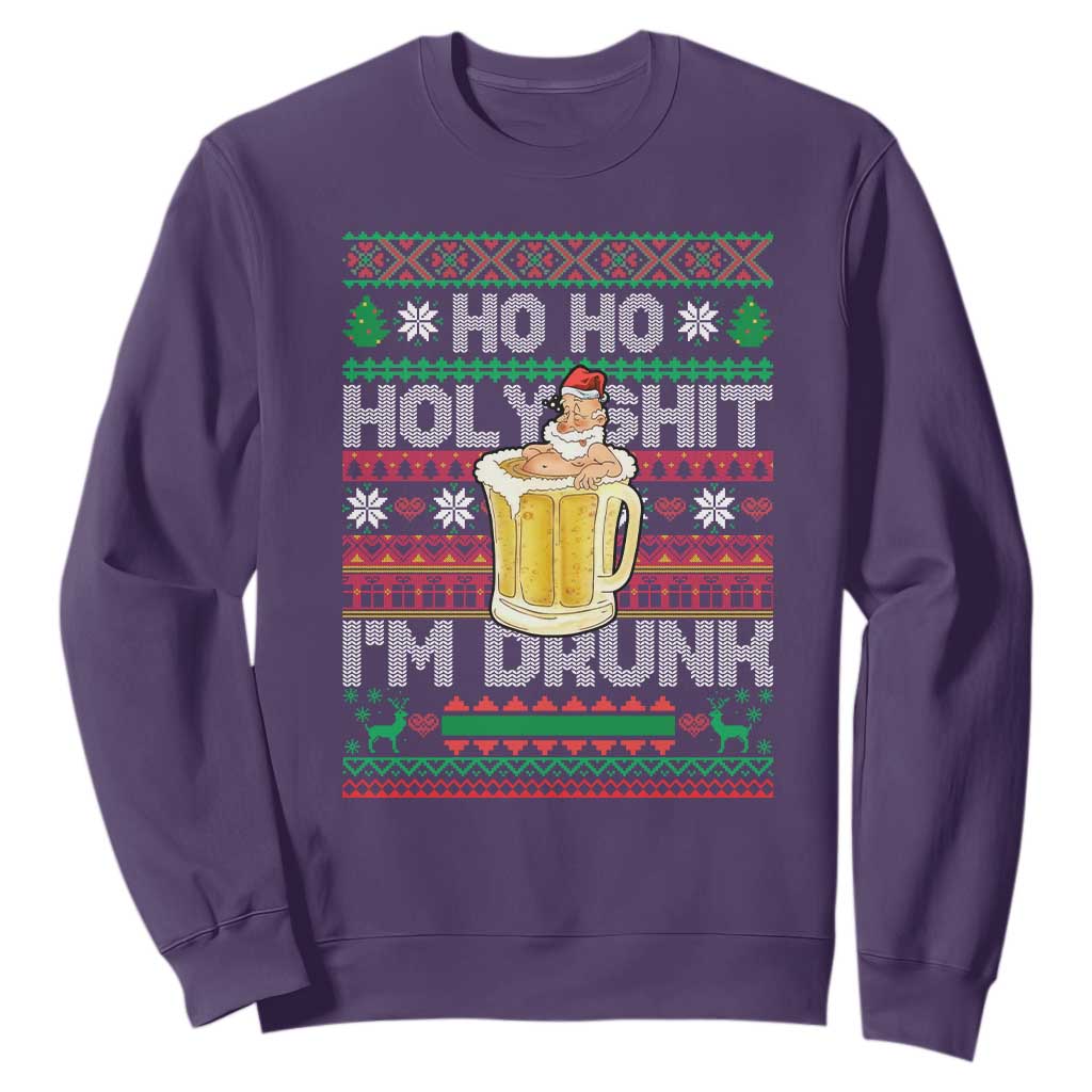 Funny Christmas Sweatshirt Ho Ho Holy Shit I'm Drunk Santa Drinking Beer TS09 Purple Print Your Wear
